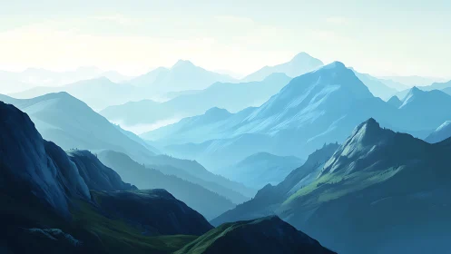 Layered blue alpine ridges with atmospheric depth and light.