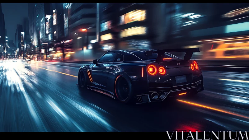 Sports coupe driving on wet city street at night.