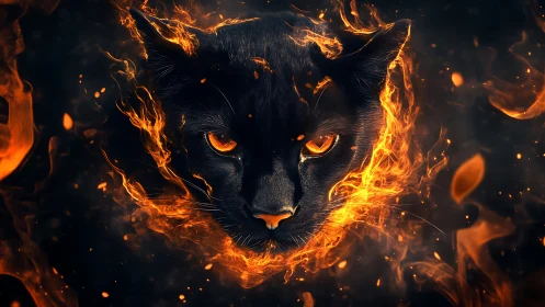 Black cat face surrounded by vivid orange flames.