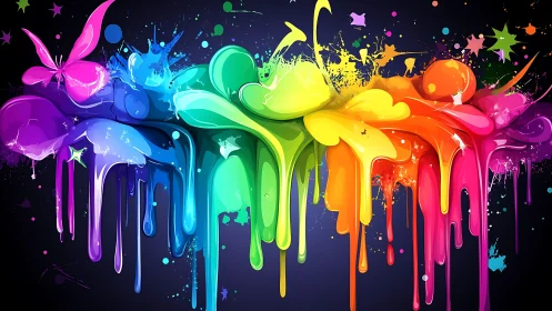 Dripping rainbow paint splash with abstract butterflies.