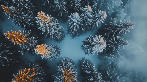 Aerial snowy conifer canopy in radial winter composition.