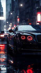Rain-soaked luxury coupe idles under neon on nocturnal street