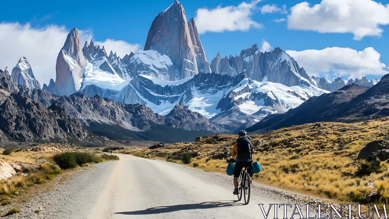 Cyclist rides gravel road toward steep snowy mountain range