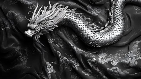 Chromed oriental dragon coils across embossed silk fabric
