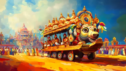 Vibrant temple chariot procession with ornate bull carriage.