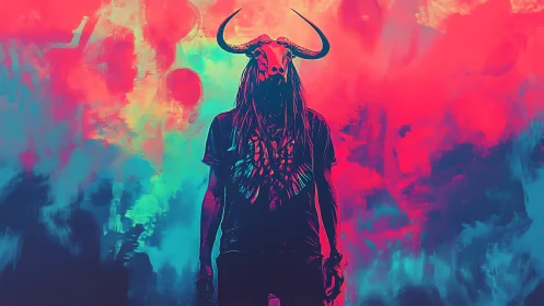 Figure in horned skull mask stands before neon gradient field