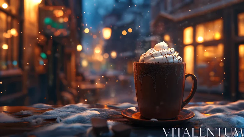 Snowy street café scene with steaming hot chocolate mug.