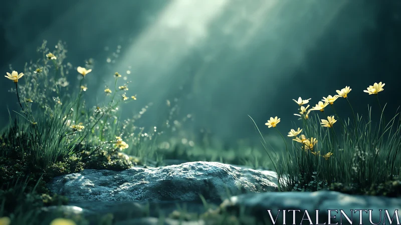 Soft sunlight over wild yellow flowers in a quiet meadow.