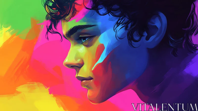 Vivid profile portrait of young person in neon colors.