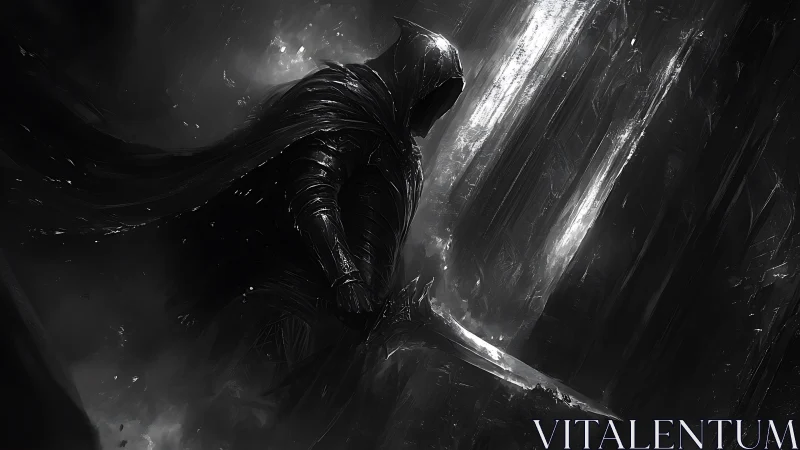 Shadowed knight stands ready in a storm of silver light.