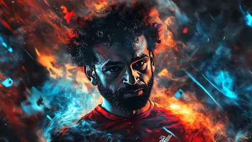 Football player portrait surrounded by stylized fire and smoke