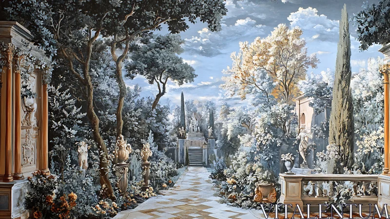 Classical formal garden with statues, trees, and terrace.