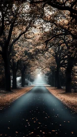 Autumnal Tree-Lined Avenue with Misty Horizon and Golden Leaf Carpet