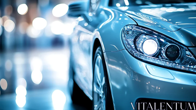 Close-up view of modern silver car headlight and bodywork.