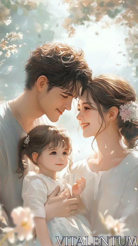 Radiant Family Portrait with Soft Light and Flowers.