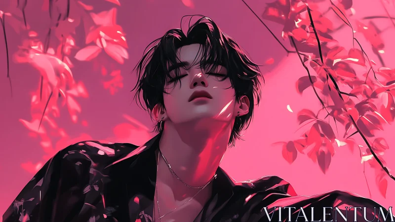 Androgynous figure under pink foliage in soft light.