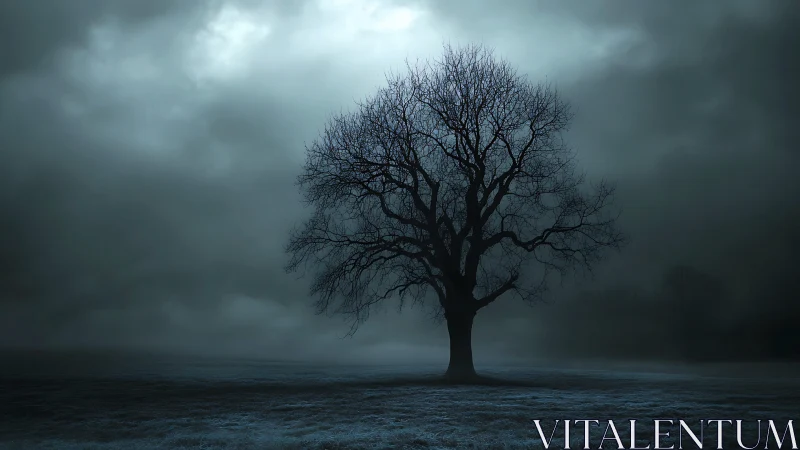 Lonely leafless tree under dark stormy night sky.