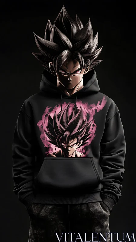 Hooded figure with spiky hair and matching character print.