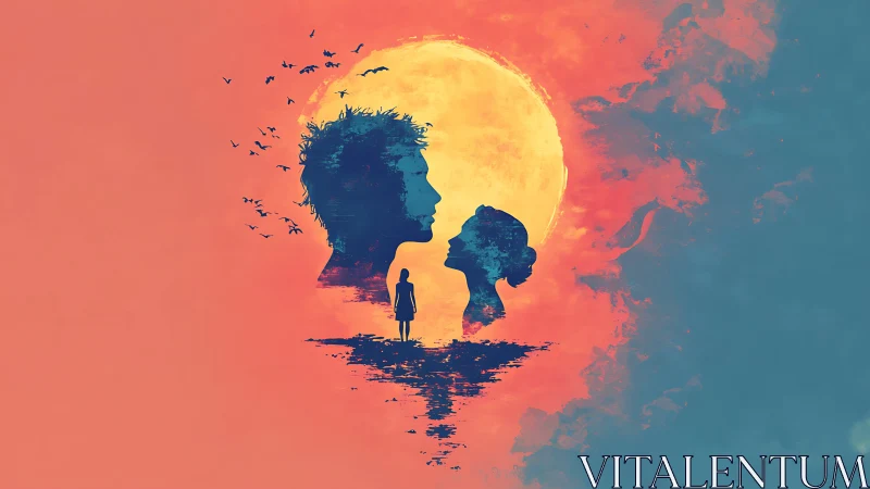 Silhouetted Figures Against Full Moon with Dispersing Birds