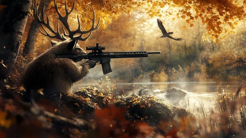 Antlered bear steadies a sniper rifle in misty autumn woods