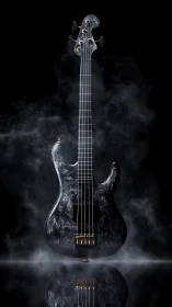Glossy black electric bass in dramatic studio smoke lighting.