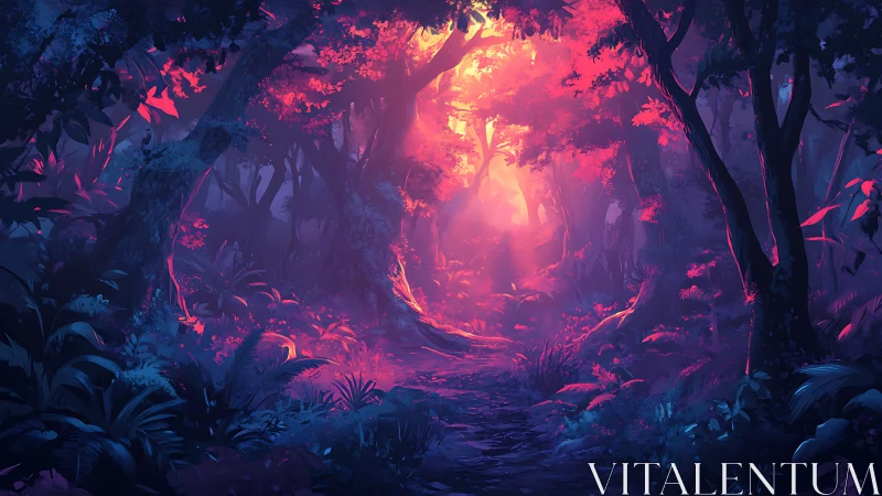 Neon Forest Glow Path Through Woodland Silhouettes.