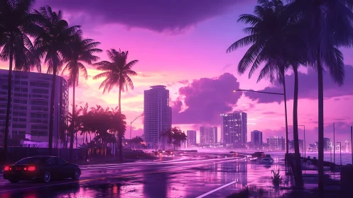 Neon sunset city boulevard with palm trees and traffic.