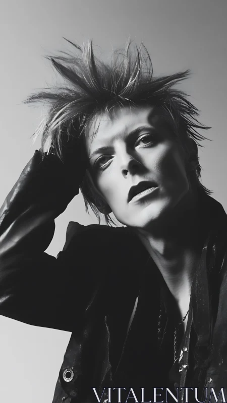 Edgy monochrome portrait with dramatic spiked hairstyle.