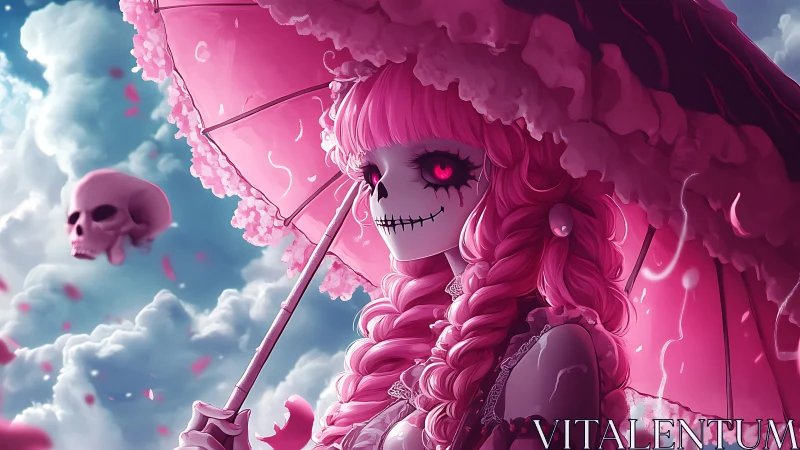 Pink haired skeleton doll holds parasol under cloudy sky