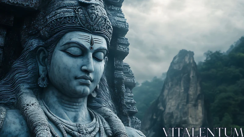 Majestic stone deity watches over misty mountain valley