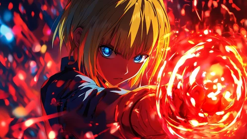 Fiery young warrior unleashes blazing power with fierce focus