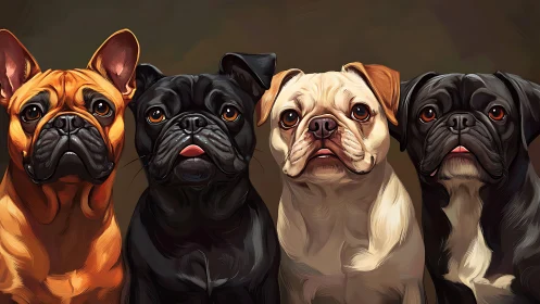 Digital painting portrait of four expressive pug dogs in line.