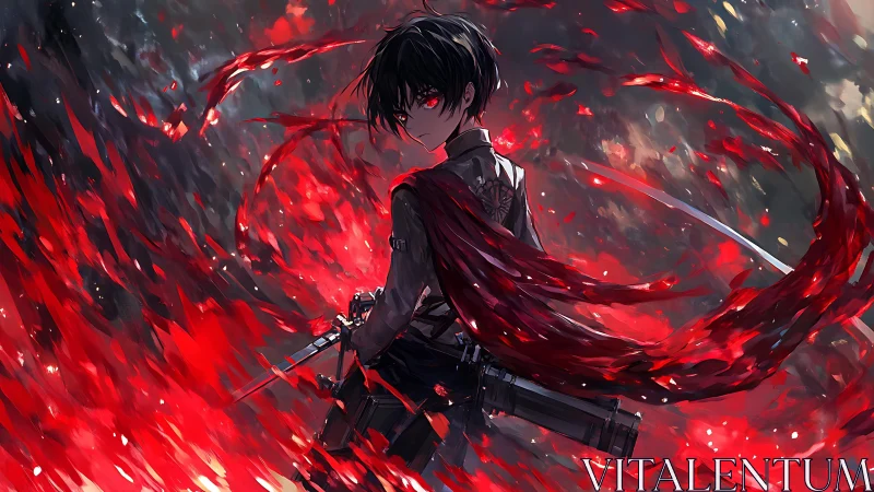 Crimson energy swirls around a determined anime warrior hero