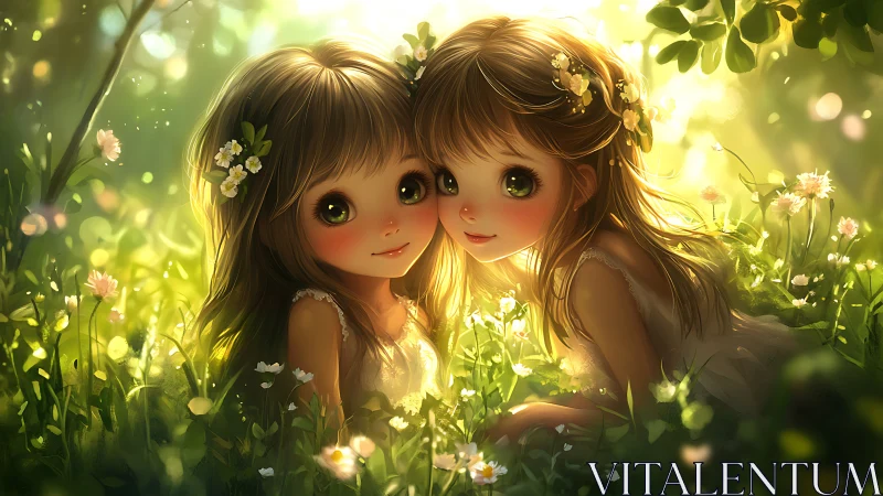Sunlit meadow twins with starry eyes and flower crowns.