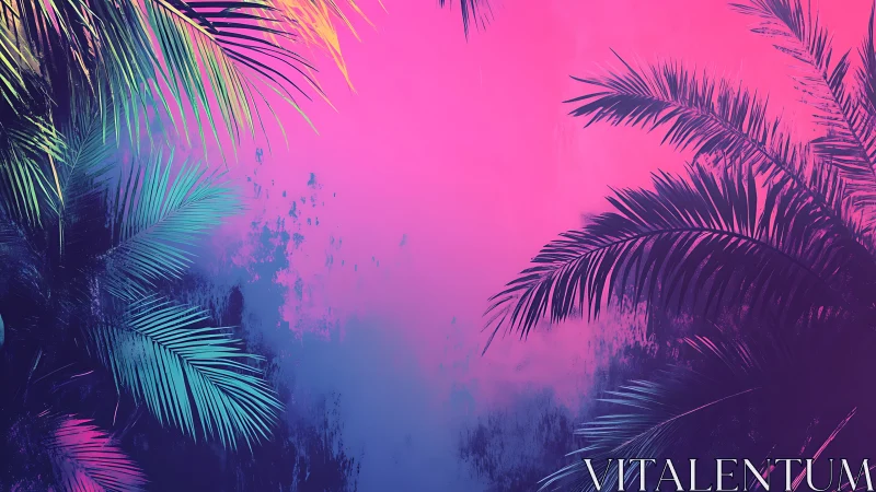 Neon tropical palm silhouettes glow against gradient dusk sky