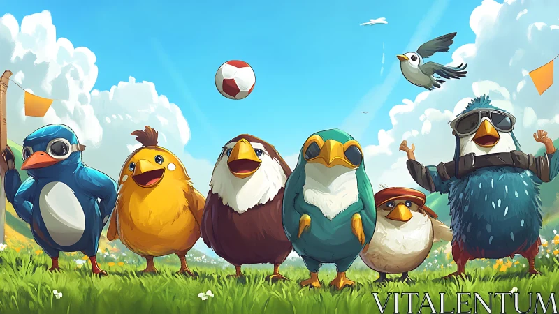 Cartoon Birds Playing Soccer Outdoors in a Whimsical Style.