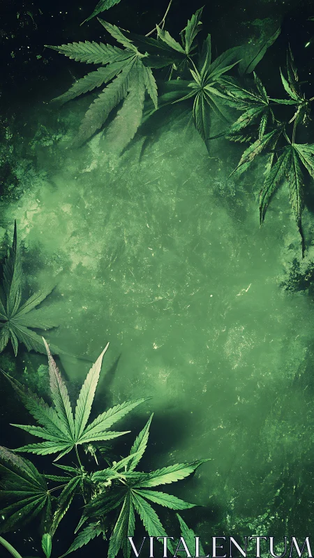 Cannabis leaves framing textured emerald haze background.