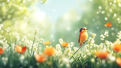 Cute songbird in vibrant spring meadow, digital art illustration.