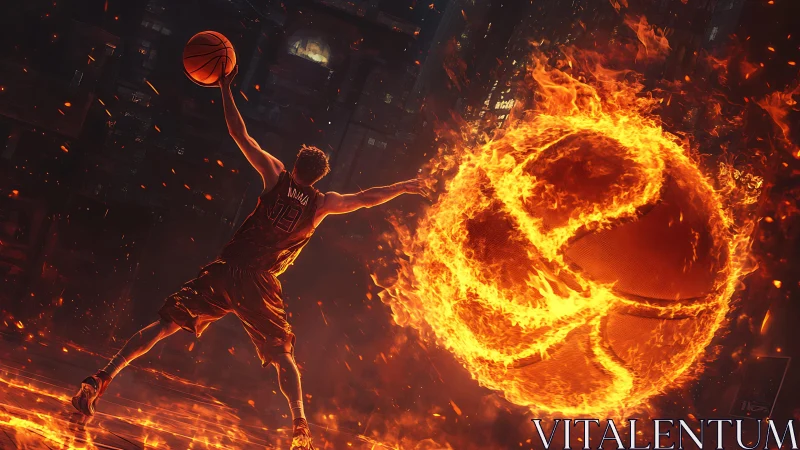 Digital basketball inferno with player driving toward flaming ball.