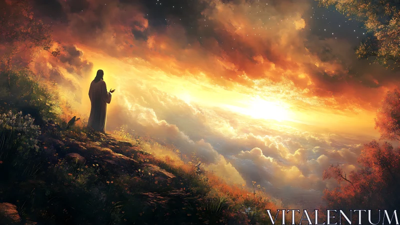 Robe-clad figure stands on hillside above glowing cloud sunrise