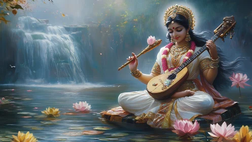 Goddess with veena meditates on lotus lake below waterfall