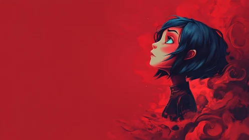 Blue haired girl gazes upward within swirling red haze