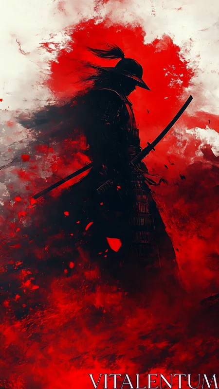 Silhouetted samurai warrior in red ink storm, katana drawn