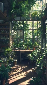 Sunlit indoor workspace with dense potted plant display.