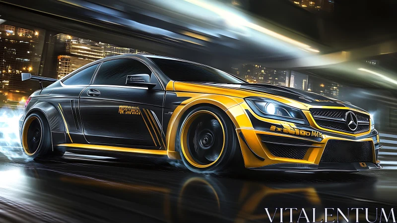 Sleek yellow street racer lighting up the night city roads.