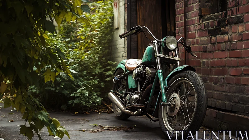 Weathered motorcycle stands in narrow brick-lined alley