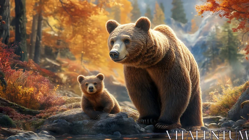 Gentle bear family pauses by a golden autumn forest stream