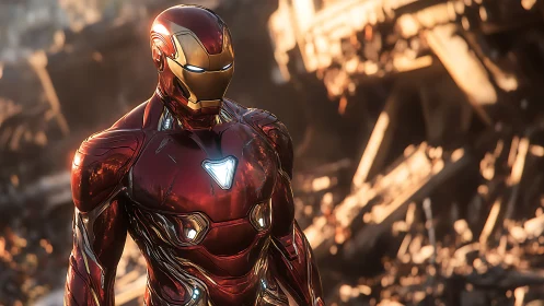 Red and gold armored humanoid figure in ruined environment.