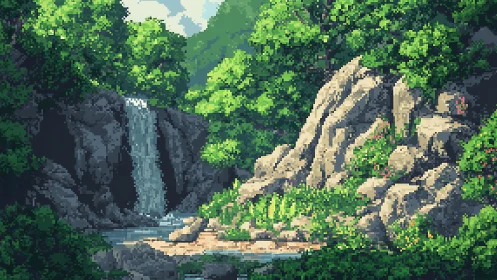 Pixel Art Forest Waterfall Landscape with Layered Vegetation