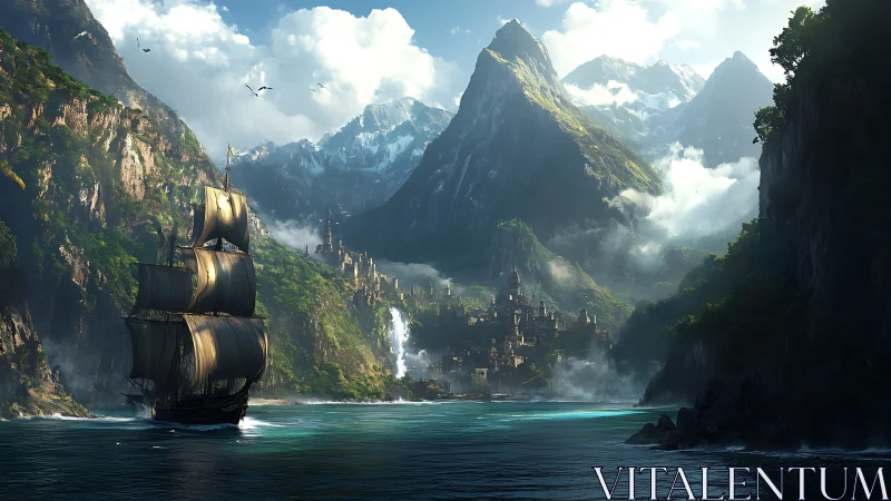 Galleon Navigates Fantastical Mountain Bay.